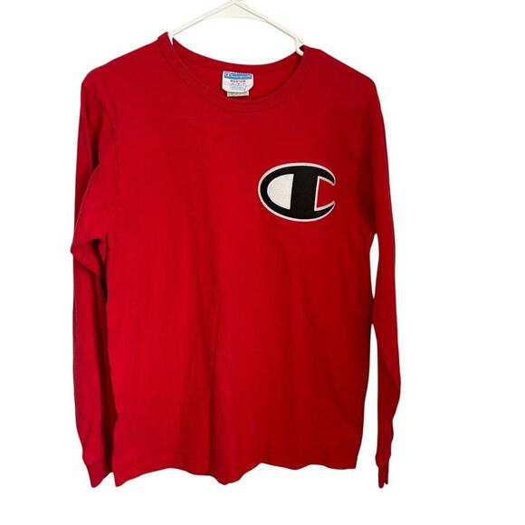 Champion Large Logo Long Sleeve Tee Size M Vintage Red Mens - Picture 1 of 6
